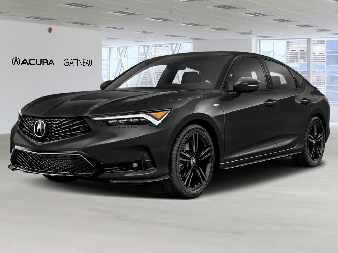 Acura Integra noire vue de trois quarts avant dans un studio lumineux, avec design sportback élégant, jantes noires, phares DEL acérés et calandre distinctive Acura au style sportif et moderne.