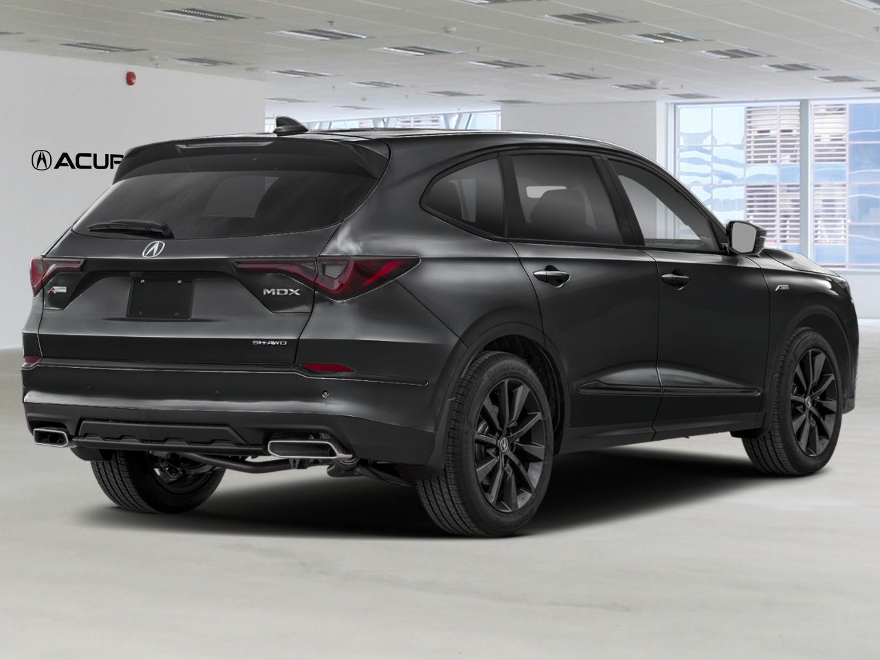 Vue arrière trois quarts d’un Acura MDX noir dans un studio moderne, mettant en valeur le design sportif du VUS, les feux arrière DEL, les jantes noires et les doubles sorties d’échappement intégrées.
