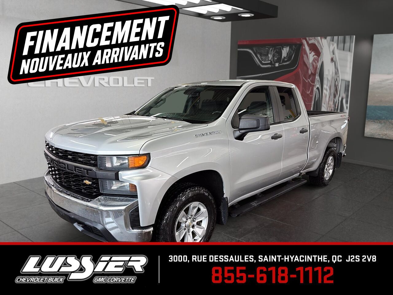Silver 2019 Chevrolet Silverado 1500 Work Truck Double Cab 4WD Pickup Truck Four-Wheel Drive Automatic
